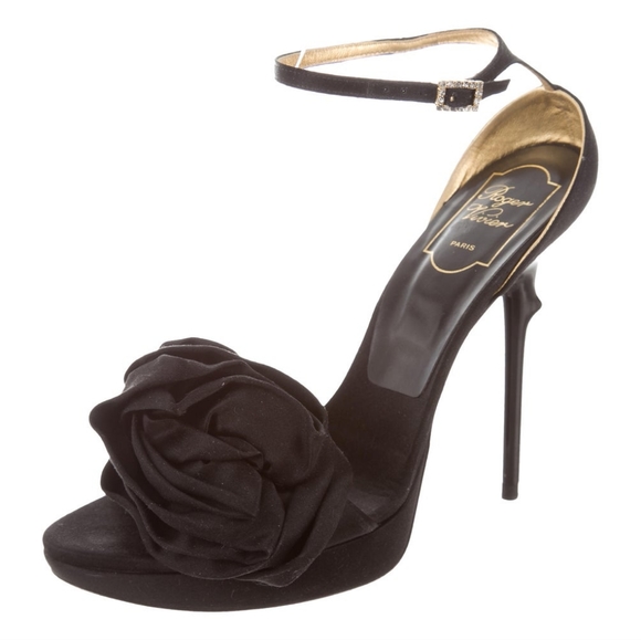 ICONIC ROGER VIVIER ROSE 'N ROLL SATIN BLACK PLATFORM HEELS 38/ US 8 - Picture 1 of 5